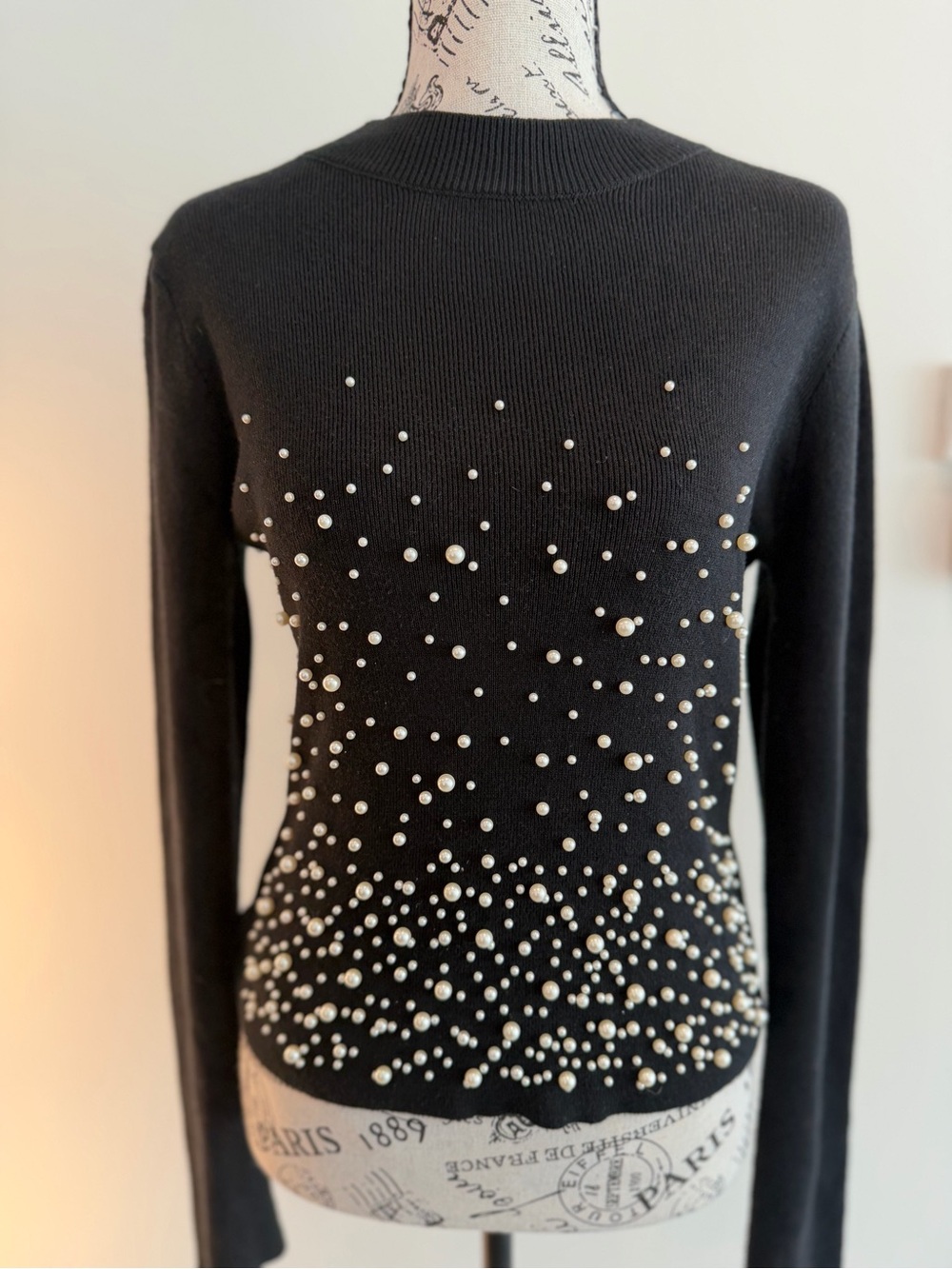 Topshop Black Crewneck Sweater with Pearl Embellishment